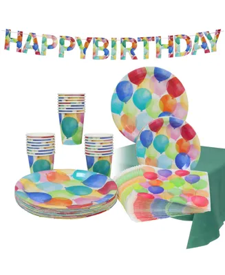 Disposable Birthday Party Set, Serves 24, with Large and Small Paper Plates, Paper Cups, Straws, Napkins, Tablecloth and Banner