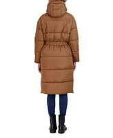Sebby Collection Women's Long Puffer Jacket with Hood and Belt