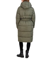 Sebby Collection Women's Long Puffer Jacket with Hood and Belt