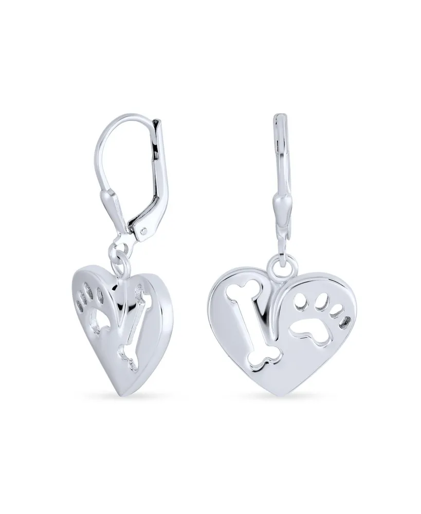 Bling Jewelry I Love My Dog Heart Shape Cut Out Puppy Pet Bone Animal Lover Paw Print Drop Dangle Lever back Earrings For Women .925 Sterling Silver