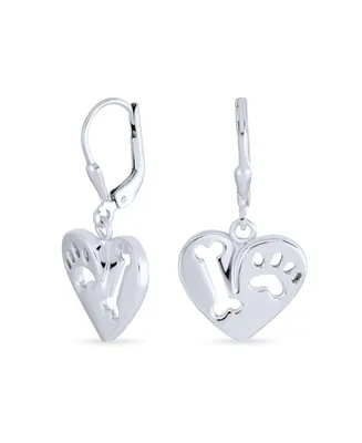 Bling Jewelry I Love My Dog Heart Shape Cut Out Puppy Pet Bone Animal Lover Paw Print Drop Dangle Lever back Earrings For Women .925 Sterling Silver