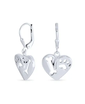 Bling Jewelry I Love My Dog Heart Shape Cut Out Puppy Pet Bone Animal Lover Paw Print Drop Dangle Lever back Earrings For Women Sterling Silver