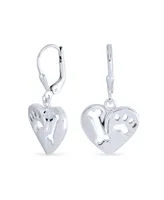 Bling Jewelry I Love My Dog Heart Shape Cut Out Puppy Pet Bone Animal Lover Paw Print Drop Dangle Lever back Earrings For Women Sterling Silver