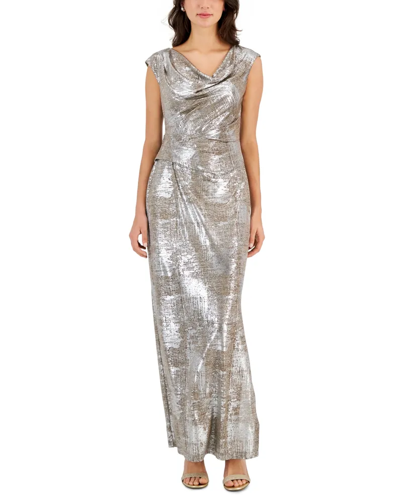 Connected Petite Metallic Cap-Sleeve Gown