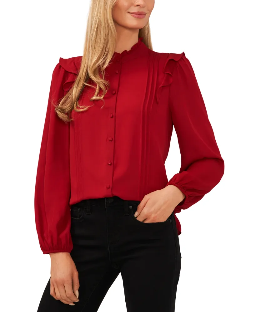 CeCe Women's Ruffle Long Sleeve Pintucked Blouse