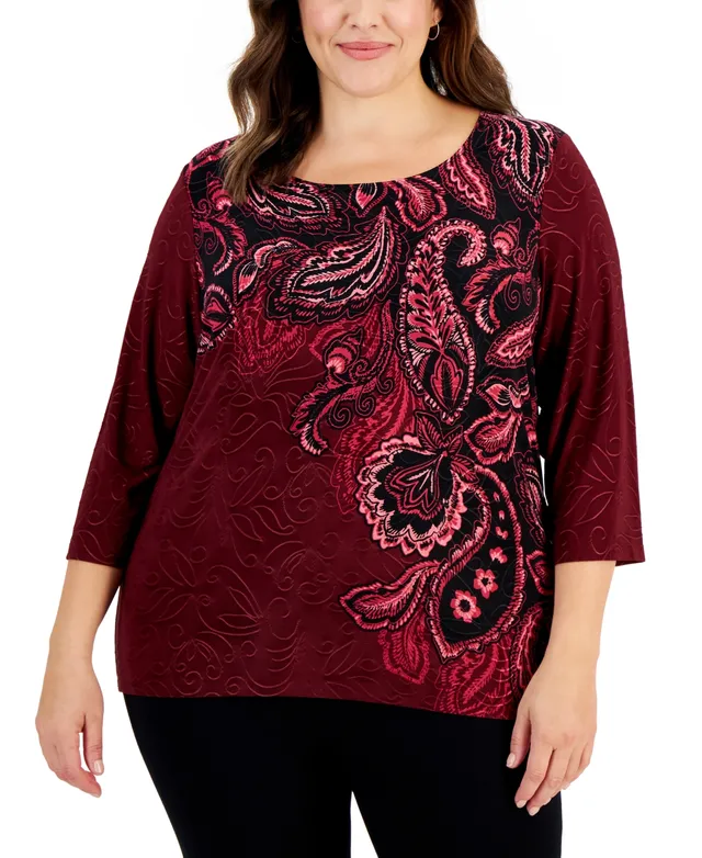 Jm Collection Plus Size Paisley Print Jacquard 3/4-Sleeve Top, Created for  Macy's