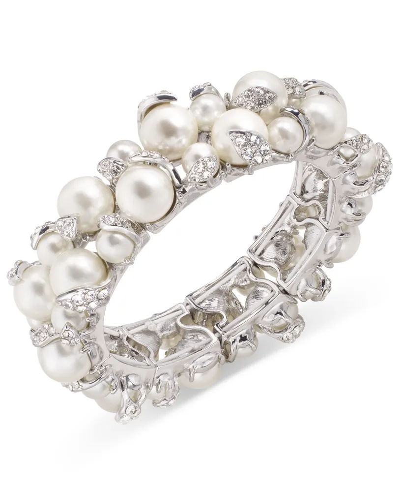 Charter Club Silver-Tone Pave & Imitation Pearl Stretch Bracelet, Created for Macy's