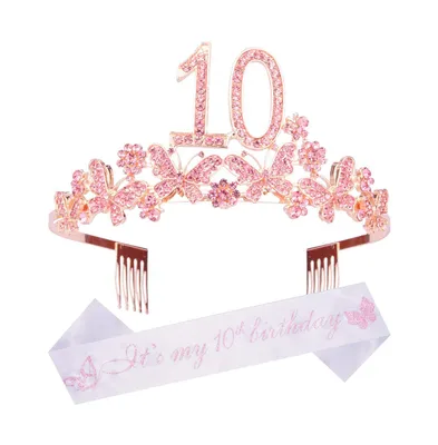 10th Birthday Glitter Sash and Metal Tiara for Girls - Perfect Princess Party Accessories Gifts