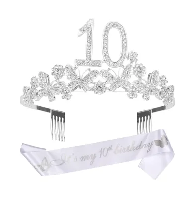10th Birthday Glitter Sash and Metal Tiara for Girls - Perfect Princess Party Accessories and Gifts