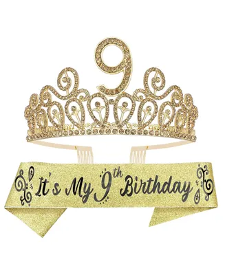 Meant2tobe 9th Birthday Celebration Set for Girls - Tiara, Sash, and Decorations - Perfect Crown and Accessories for a Memorable Birthday Party
