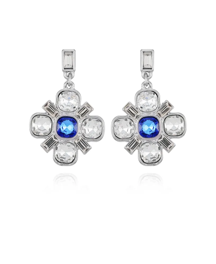 T Tahari Silver-Tone Blue And Clear Glass Stone Flower Drop Earrings