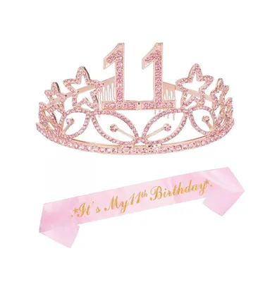 11th Birthday Glitter Sash and Pink Metal Tiara with Stars Rhinestones for Girls