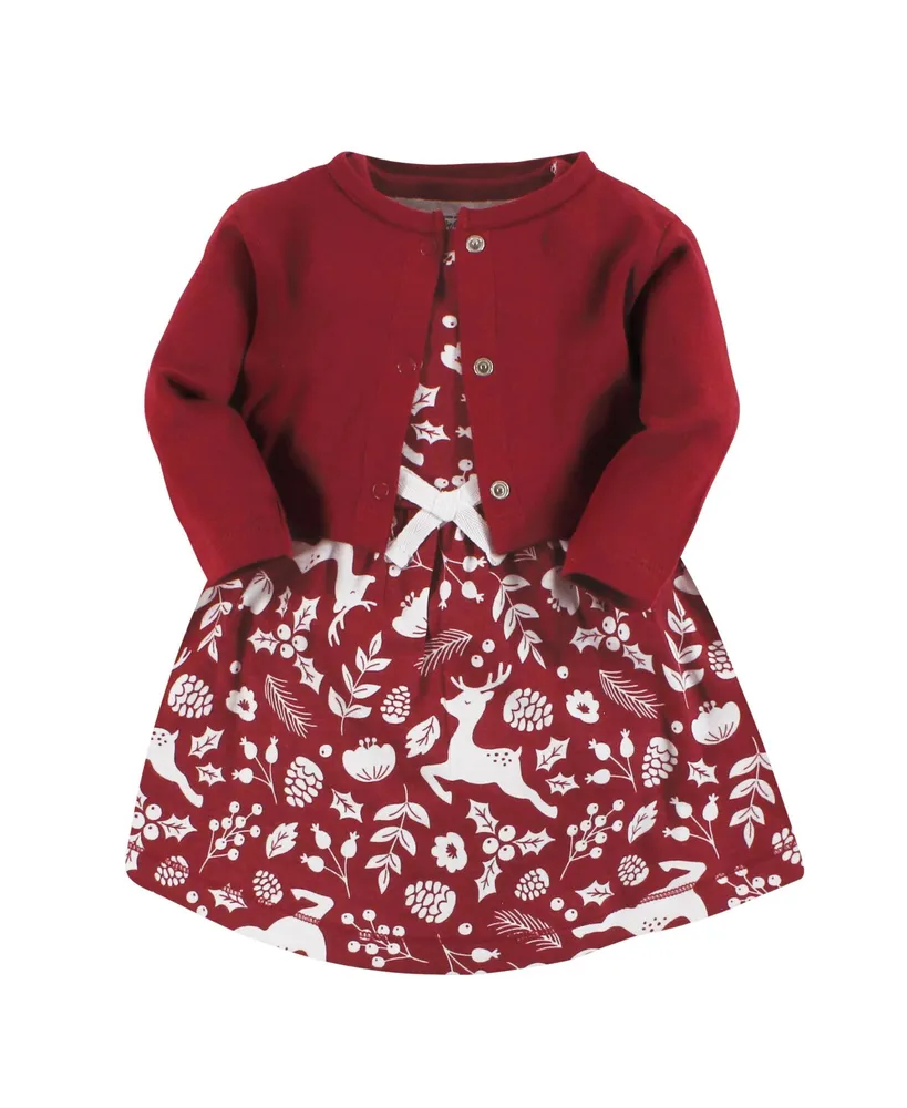 Touched by Nature Toddler Girls Organic Cotton Dress and Cardigan, Red Winter Folk