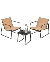 Costway 3 Pieces Patio Conversation Set Outdoor Metal Chair & Table Tempered Glass Top