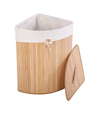 Corner Bamboo Hamper Laundry Basket Washing Cloth Bin Storage Bag Lid