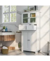 Costway Bathroom Floor Storage Cabinet Kitchen Cupboard with 2 Drawers & Glass Doors