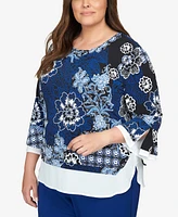 Alfred Dunner Plus Size Downtown Vibe Floral Flutter Sleeve Top with Woven Trim