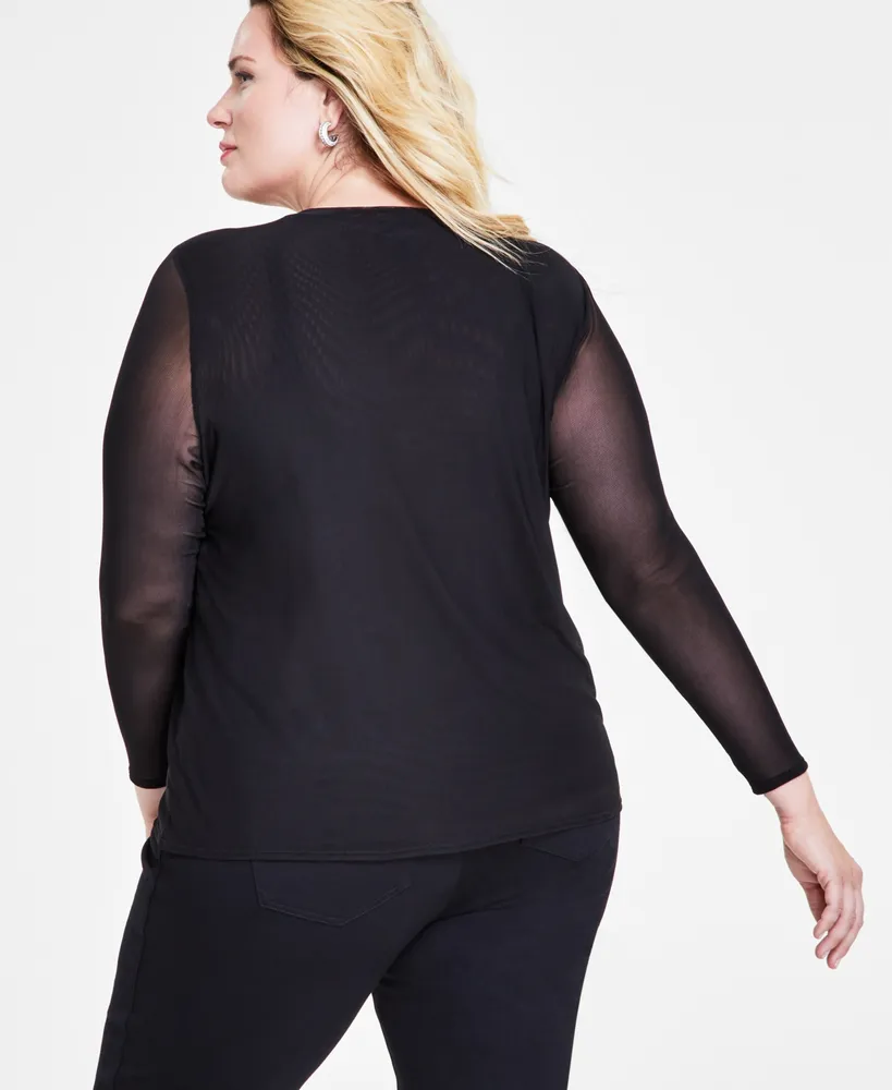 I.n.c. International Concepts Plus Size Long-Sleeve Mesh Top, Created for Macy's