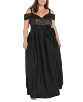 R & M Richards Plus Sequined Cold-Shoulder Gown