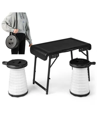Costway 3-Piece Folding Table Stool Set with a Camping Table & 2 Retractable Led Stools