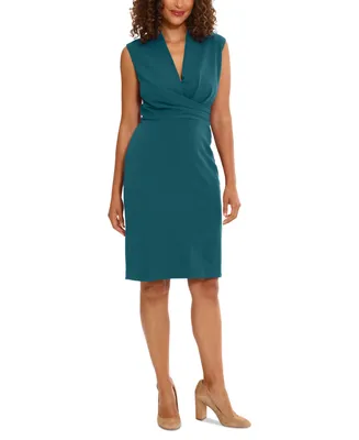 London Times Women's Sleeveless Shoulder-Pleat Sheath Dress