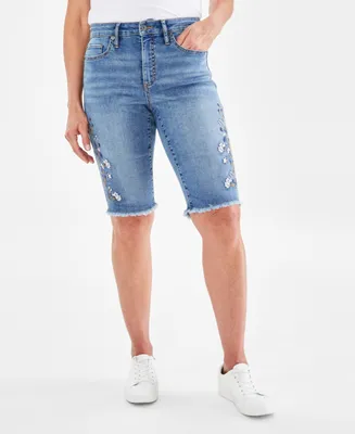 Style & Co Petite Embroidered Raw-Edge Denim Bermuda Shorts, Created for Macy's