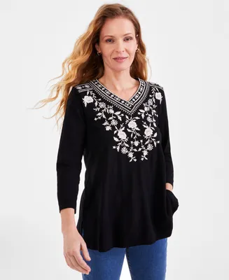 Style & Co Women's Cotton Embroidered 3/4-Sleeve Tunic, Regular & Petite, Created for Macy's