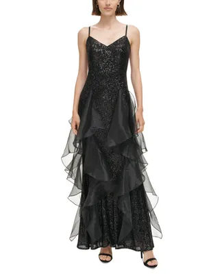Eliza J Women's V-Neck Cascading-Ruffle Sequined Gown