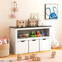 Kids Toy Storage Organizer Wooden Bookshelf with 3 Drawers Hidden Wheel Blackboard