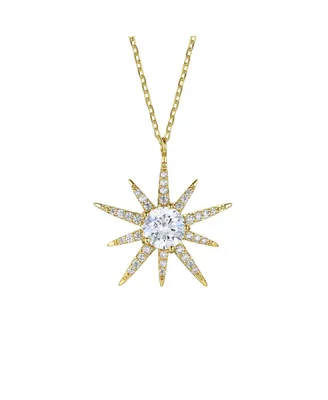 Genevive Sterling Silver 14k Gold Plated with Cubic Zirconia 10-Point Starburst Pendant Necklace