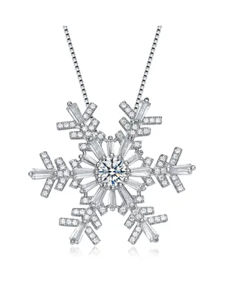 Genevive Sterling Silver White Gold Plated Clear Cubic Zirconia Accent Snowflake Pendant Necklace