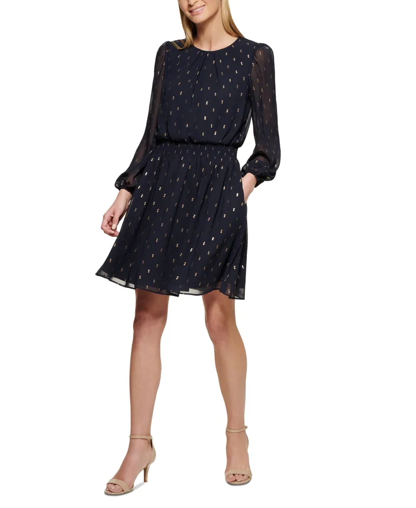 Jessica Howard Women's Clip-Dot Pleated Smocked Dress