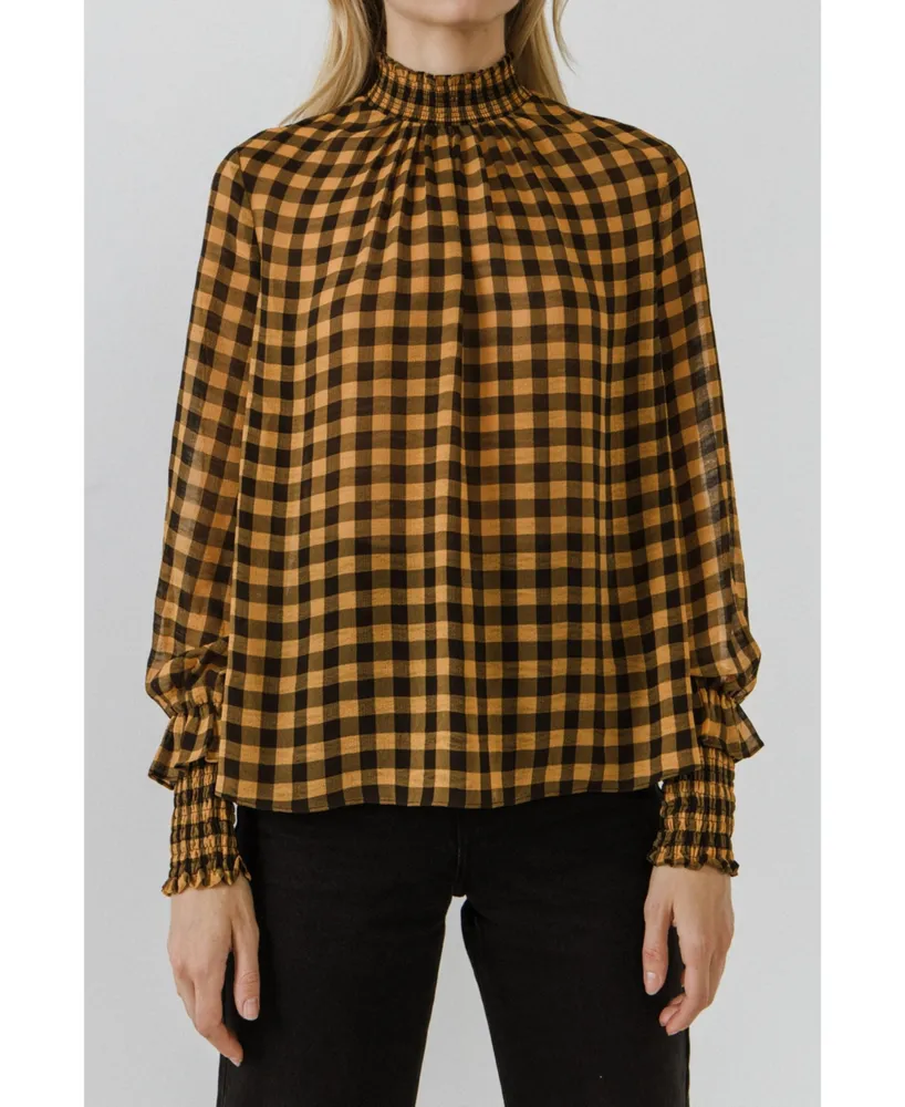 English Factory Women's Checker Blouse with Mock Neck