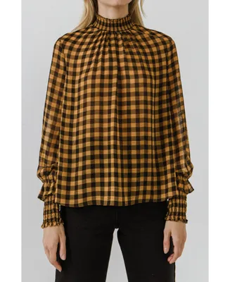 English Factory Women's Checker Blouse with Mock Neck