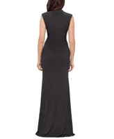 Betsy & Adam Women's Ruched Side-Slit Glitter Gown