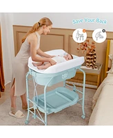 Costway Baby Changing Table with Bathtub, Folding & Portable Diaper Station Wheels