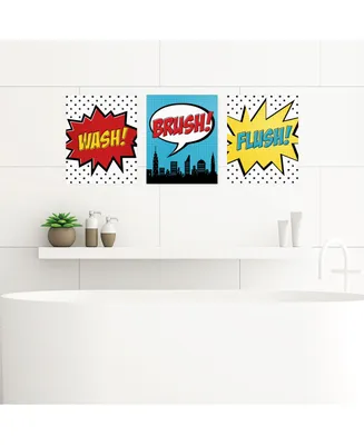 Bam! Superhero Unframed Wash, Brush, Flush Bathroom Art 8 x 10 inches Set of 3 - Assorted Pre