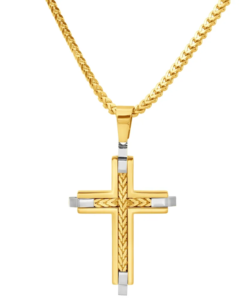 Blackjack Men's Franco Link Inlay Cross Pendant Necklace in Sterling Silver & Yellow Ion-Plated Stainless Steel - Gold