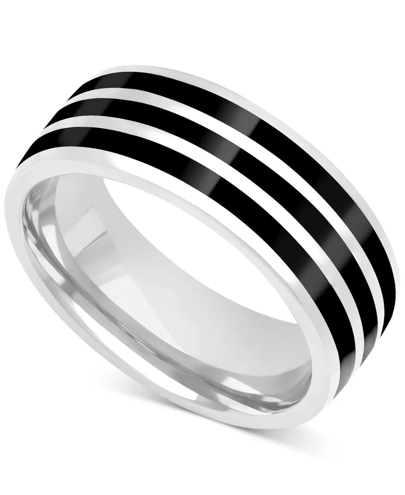 Men's Black Ceramic Striped Band in Sterling Silver