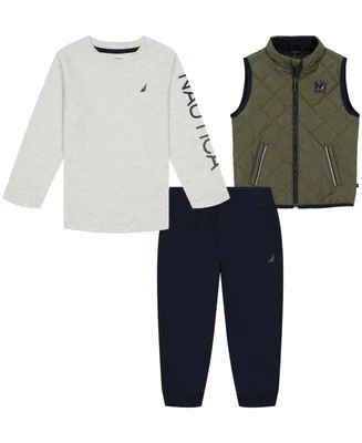 Nautica Baby Boys Long Sleeve Graphic T-shirt, Quilted Puffer Vest and Fleece Joggers, 3 Piece Set