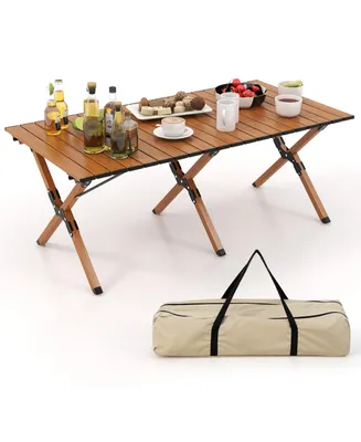 Folding Aluminum Camping Table with Carry Bag Roll-Up Picnic Table with Wood Grain