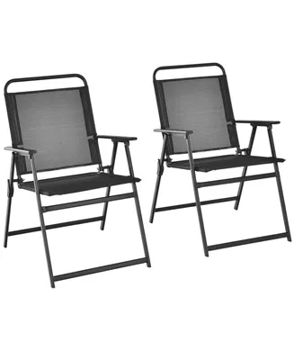 2pcs Patio Folding Chairs Heavy-Duty Metal Frame Armrests Portable Outdoor