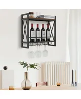 Wall Mounted Wine Rack Industrial 2-Tier Wood Shelf with 3 Stem Glass Holders