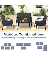 4PCS Patio Rattan Wicker Furniture Set Cushioned Sofa Armrest Coffee Table