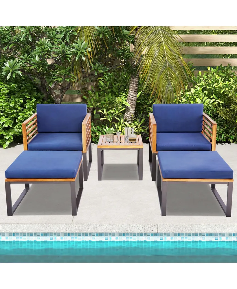 5pcs Patio Acacia Wood Cushioned Chair Ottoman Table Furniture Set Outdoor