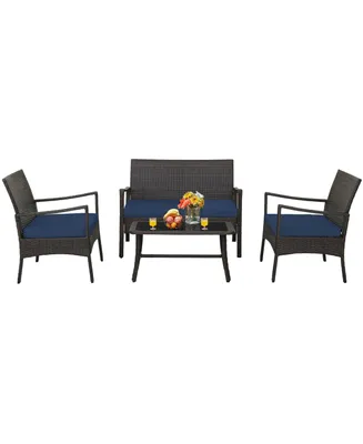 4PCS Patio Rattan Wicker Furniture Set Cushioned Sofa Armrest Coffee Table
