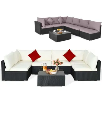 Costway 7PCS Patio Rattan Furniture Set Sectional Sofas Cushion Covers