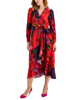 Tahari Asl Women's Floral Faux-Wrap Long-Sleeve Midi Dress