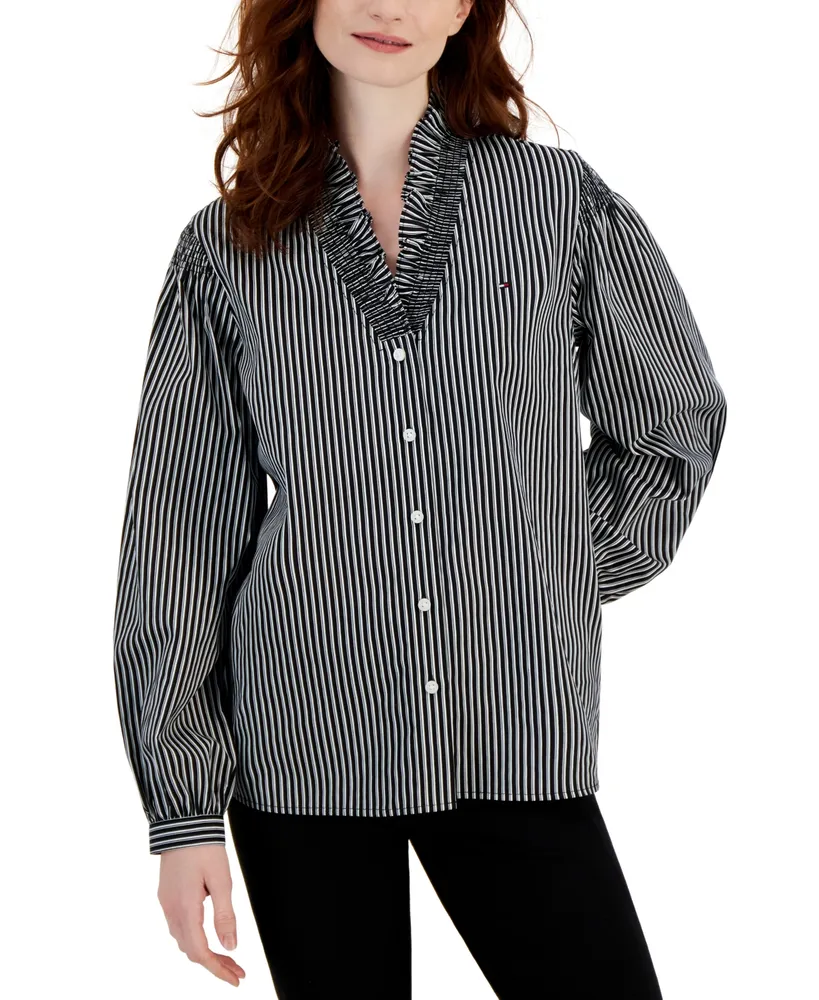 Tommy Hilfiger Women\'s Cotton Striped Ruffle-Neck Button-Up Top | Hawthorn  Mall