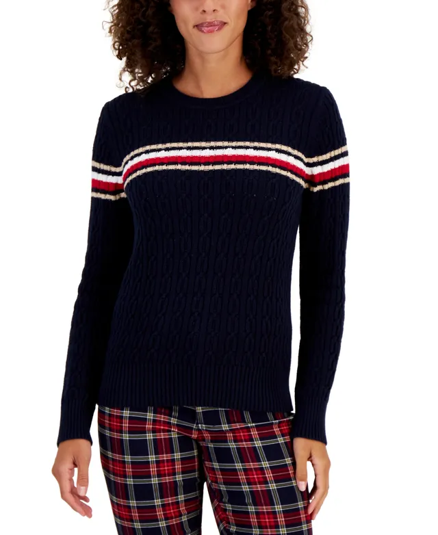 Tommy Hilfiger Women's Cotton Cable-Knit Colorblocked Leila Sweater |  Hawthorn Mall